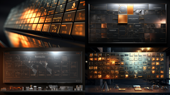 元素周期表，不锈钢材质，金属质感，极简风格，墙面，暗色背景，均匀散射光，高清细节，8k画质，科技感，反射效果，现代感，专业氛围。