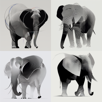 大象摩尔条纹，安德里亚米尼尼风格，现代艺术感，白色背景，极简主义，抽象图案，几何形状，对称构图，高清晰度，柔和光线，静态，优雅，纯净。