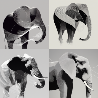 大象，莫尔条纹，安德里亚米尼尼风格，现代艺术感，白色背景，极简主义，抽象图案，高清晰度，静态，优雅。