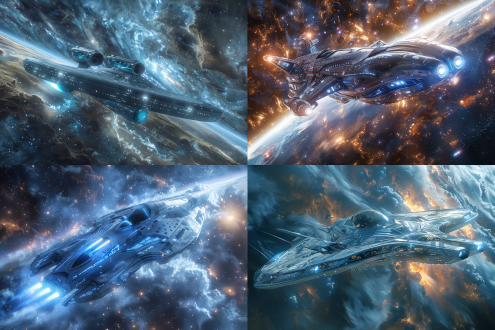 太空旅客，阿瓦隆号飞船，科幻风格，宇宙背景，飞船细节精致，宽广视野，静态捕捉，未来感，银蓝色调，探索激情。8k画质