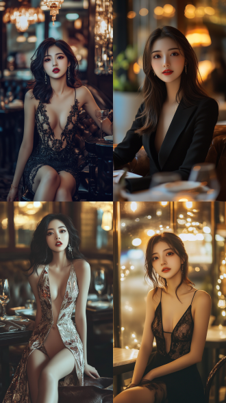 中国年轻女明星，餐厅，大长腿，御姐风，高跟鞋，精致妆容，时尚风格，高档餐厅，优雅布局，柔和灯光，长焦镜头，浅景深，侧光，自信微笑，奢华装饰，暖色调，魅力四射。