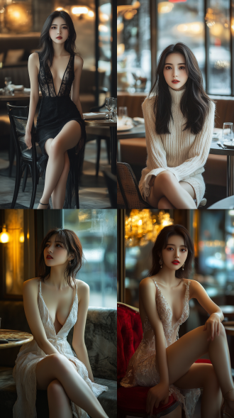 中国年轻女明星，餐厅，大长腿，御姐风，高跟鞋，精致妆容，时尚风格，高档餐厅，优雅布局，柔和灯光，长焦镜头，浅景深，侧光，自信微笑，奢华装饰，暖色调，魅力四射。