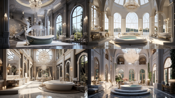 超级大豪宅中的浴室高高的天花板配以精美的吊灯，空间的奢华感。墙面和地面使用的是优质大理石。中央位置安装了一个超大的圆形浴缸，周围环绕着柔和的led灯光.桌子上有香薰，有超大落地窗。最高画质，最佳杰作，高分辨率，复杂的细节，非常详细，超逼真，颜色丰富，大全景