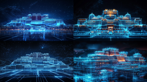 线框图是布达拉宫图纸全息计图，工业风格，细节丰富，透视构图，发光的霓虹蓝色线条，设计展示了详细的布达拉宫和特征，深色背景，高清晰度，高清图，16k