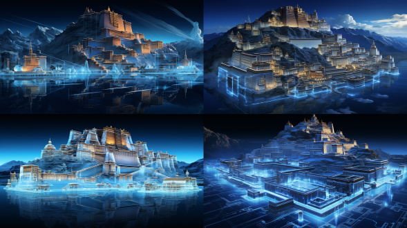 线框图是布达拉宫图纸全息计图，工业风格，细节丰富，透视构图，发光的霓虹蓝色线条，设计展示了详细的布达拉宫和特征，深色背景，高清晰度，高清图，16k