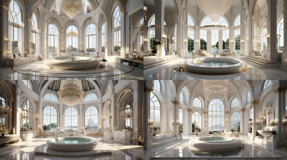 超级大豪宅中的浴室高高的天花板配以精美的吊灯，空间的奢华感。墙面和地面使用的是优质大理石。中央位置安装了一个超大的圆形浴缸，周围环绕着柔和的led灯光.桌子上有香薰，有超大落地窗。最高画质，最佳杰作，高分辨率，复杂的细节，非常详细，超逼真，颜色丰富，大全景