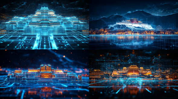 布达拉宫的线框全息图，其标志性的建筑周围是发光的蓝色线条，形成的复杂图案，背景是孤立的深色背景，背景设计展示了详细的建筑细节和特点，创造了中国古代建筑的视觉震撼表现，数字艺术品，传达历史意义和未来技术，16k，风格创意项目。