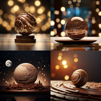 大形圆形3d巧克力，表面模仿月球，费雷罗巧克力品牌，放在展台上展示，c4d渲染，微距镜头，细腻纹理，细节凸显，高清晰度，灯光璀璨，暖色调，明亮色调，奢华浪漫氛围