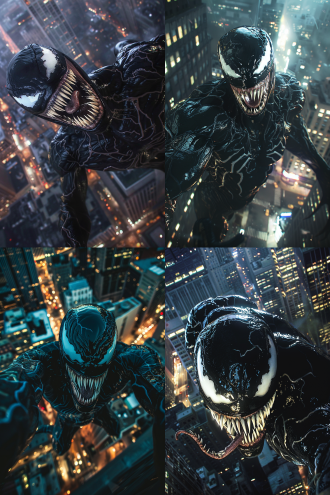 毒液，黑暗城市夜景，高楼边缘，黑色紧身衣，锋利牙齿，愤怒表情，俯视角度，广角镜头，低光，高对比度，动态模糊，城市灯光，危险氛围，冷色调，紧张情绪。