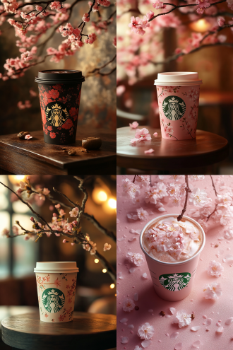 星巴克咖啡包装，创意, 新颖, 樱花图案，温馨氛围，柔和光线，细腻质感，8k超高清，产品摄影