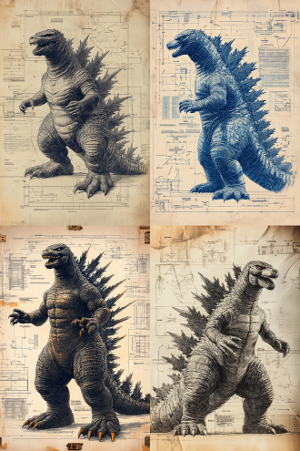 来自日本怪兽电影的经典哥斯拉，设计原理图，详细线条绘制，黑白轮廓，彩色3d主体，标注标签，尺寸，微距镜头，技术蓝图风格，柯达t-max 100胶片