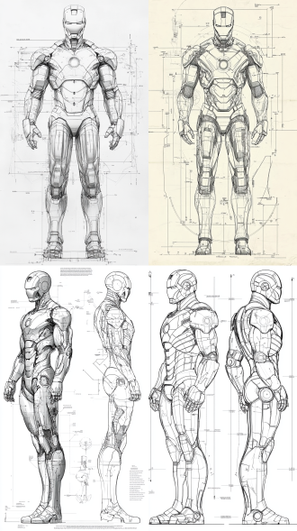 iron man, design schematic. detailed line drawing, black and white outlines, colored 3d main body, annotated labels, dimensions,macro lens,technical blueprint style, kodak t-max 100 film