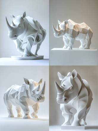 雕塑展，犀牛，抽象风格雕塑，立体感，纯白色背景，白色色调，极简主义，简单，现场灯光
