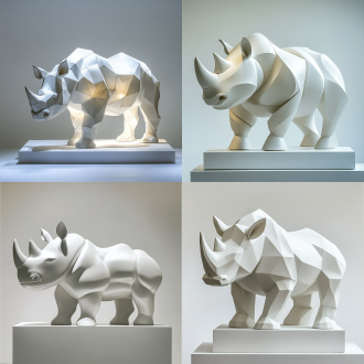 雕塑展，犀牛，抽象风格雕塑，立体感，纯白色背景，白色色调，极简主义，简单，现场灯光