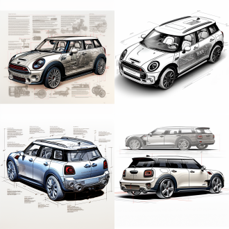a detailed cad-style blueprint of a mini cooper clubman design, pencil sketch effect, black lines the drawing includes precise dimensions and annotations, detailed measurements, and labeled annotations. pure white background. fashionable body color. with subtle color highlights on key components like the wheels, headlights, rear spoiler, and rally decals selective color highlights are applied to key components such as wheels, grille, headlight, and the mini copper emblem. the entire car's design is brimming with personality and vitality, classic round headlights, circular instrument clusters, and frameless doors are among the elements.