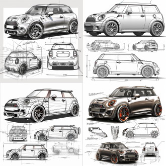 a detailed cad-style blueprint of a mini cooper clubman design, pencil sketch effect, black lines the drawing includes precise dimensions and annotations, detailed measurements, and labeled annotations. pure white background. fashionable body color. with subtle color highlights on key components like the wheels, headlights, rear spoiler, and rally decals selective color highlights are applied to key components such as wheels, grille, headlight, and the mini copper emblem. the entire car's design is brimming with personality and vitality, classic round headlights, circular instrument clusters, and frameless doors are among the elements.