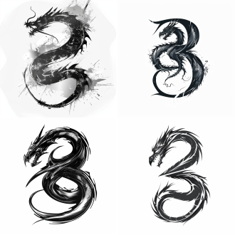 数字“3”和龙结合,数字和龙形体有冲击力,白色背景,黑白画面,画面简洁,矢量风格,标识风格,