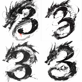 数字“3”和龙结合,龙形形体和数字有冲击力,白色背景,黑白画面,画面简洁,矢量风格,标识风格,