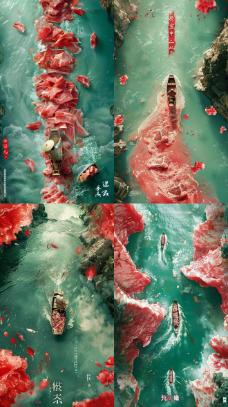 bird's eye view, the cover of a food advertisement, shows some pieces of pork forming a river, ultra-realistic pork, a man boating in the river, red and light blue, natural light, advertising design poster, movie poster, macro scene, big atmosphere, rendered in cinema4d, texture-based, realistic details, movie lighting, 8k