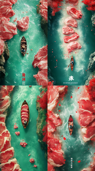 bird's eye view, the cover of a food advertisement, shows some pieces of pork forming a river, ultra-realistic pork, a man boating in the river, red and light blue, natural light, advertising design poster, movie poster, macro scene, big atmosphere, rendered in cinema4d, texture-based, realistic details, movie lighting, 8k