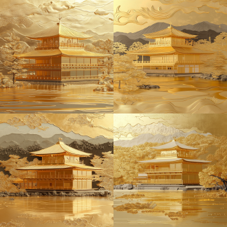 金箔纸工艺插画，金阁寺，极简主义风格，浮雕，远景，金色调，金箔纸张，日式风格，禅意，超细节8k
