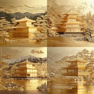 金箔纸工艺插画，金阁寺，极简主义风格，浮雕，远景，金色调，金箔纸张，日式风格，禅意，超细节8k