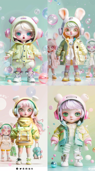 describe，人物卡通ip三视图，颜色粉蓝色，c4d，泡泡玛特风格：：2，高质量，