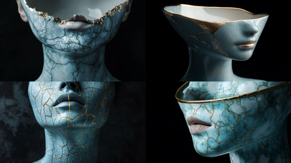 超现实前肖像，anna和elena barbuso风格，di nickson风格，汝窑裂纹釉瓷碗，金色装饰，女性颈部，对齐曲线，高分辨率，dslr镜头，特写，颈部焦点，天空蓝，浅蓝，灰，白，阴影效果，体积光，黑色背景，抽象，梦幻，现实与艺术融合。