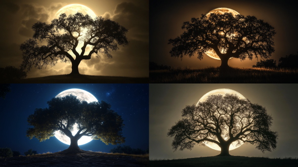 雄伟橡树，剪影，满月背景，银色背光，暗棕色，原始风格，3:2比例，对称构图，广角镜头，柔和光线，宁静，神秘。