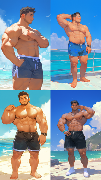 壮硕东亚同志海边展示肌肉，中景全身，圆脸络腮胡渣，胸毛多穿短裤，微胖体脂高，暖光，自然风，色彩鲜艳，自信。