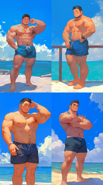 壮硕东亚同志海边展示肌肉，中景全身，圆脸络腮胡渣，胸毛多穿短裤，微胖体脂高，暖光，自然风，色彩鲜艳，自信。