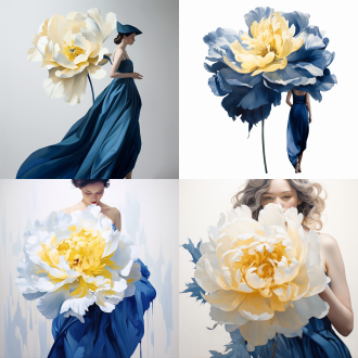一朵巨大的白色牡丹花，黄色花蕊，一个深蓝色裙子的少女侧影，白色的明亮的背景。