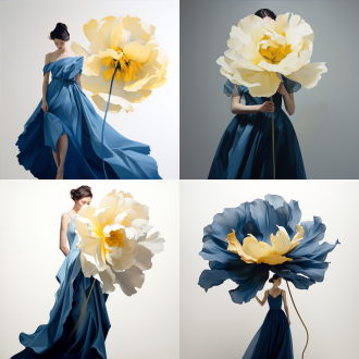 一朵巨大的白色牡丹花，黄色花蕊，一个深蓝色裙子的少女侧影，白色的明亮的背景。