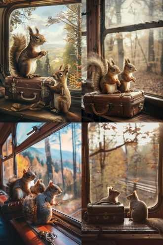 两只大松鼠，三只小松鼠，行李箱，高铁，旅游，车窗，风景。