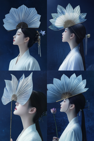 一把荷花形状的竹扇，遮住脸的中国女子，白色的长衫，深蓝色的背景。安静，唯美。