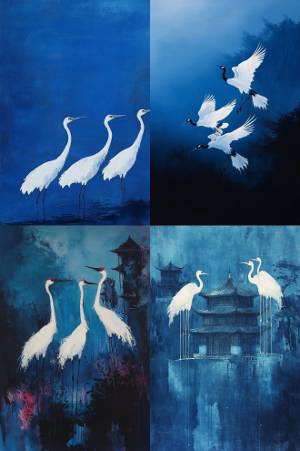 三只仙鹤，一座中式楼宇，深蓝色背景，宋徽宗，中国工笔画风格。空旷，唯美，孤独。