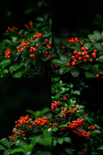 深红色野果串，绿叶背景，雨后，单反相机，微距镜头，浅景深，真实细节，高对比度，自然光，湿润，鲜艳色彩，静物，细腻纹理，清新。
