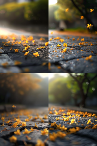 桂花雨后掉落青石板路，湿润细腻，单反相机，浅景深，微距，特写，细节逼真，静物，柔和光线，自然色彩，宁静，细腻质感。