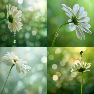 一朵盛开的白色雏菊，一滴挂在花瓣上的露珠，模糊的绿色背景。单反相机拍摄，微距拍摄，细节逼真。