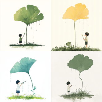 极简主义插画，洁白背景，男孩抱着一支大大的钢笔，草地上有片巨大银杏叶在滴水