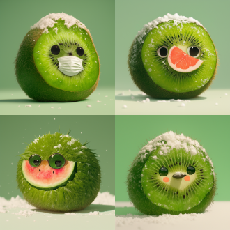敷着面膜的奇异果在雪地中，中心构图，冷色调，微距镜头，顶光，清晰质感，安静氛围，白色雪地与绿色奇异果对比。