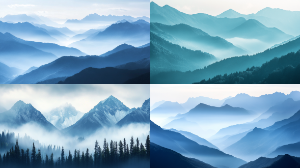 雄伟山脉全景，层次分明，云雾缭绕，户外冷色调，长焦侧光，高清晰度，画面宁静。