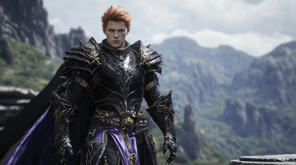 the land of legends mu，red hair，spiky hair, quiff,boy,lol,mu continental of legend，helmet，all purple clothes，there is no black on the armor，weapon ，purple armor，sword, armor, chain, waist shot,male focus, big close-up,sky, holding, holding weapon, holding sword, helmet, cape, gauntlets,game rendering, cinematic lighting, soft shadows, full body shot, complex details, 8k resolution, bright colors, detailed textures, high resolution, creative composition, warm atmosphere, 3d effect,made with ue5, 8k resolution, 16:9 aspect ratio, 600 steps rendering, niji 5 style, highly expressive. ﻿