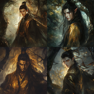 幽暗的森林中，参天古树、半空覆盖着淡淡的云雾，一个东方男人、剑眉星日，长发披肩、金黑色长袍、全身散发着黑色火炎般的气息，额头正中一个黑色王冠印迹，神秘、幽暗、东方玄幻、8k高清、丁达尔光