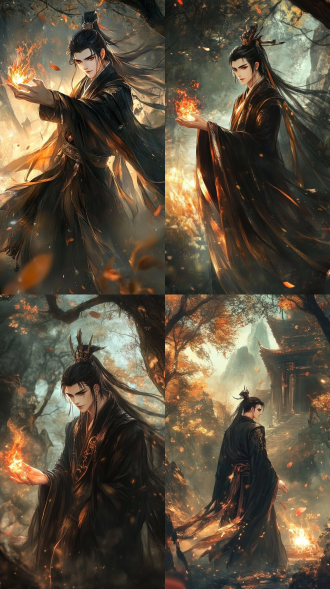 幽暗的森林中，参天古树、半空覆盖着淡淡的云雾，男人抬起手、掌心燃起一团烈火，火焰中带着一丝红色，神秘、幽暗、东方玄幻、8k高清、丁达尔光