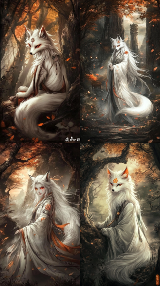 森林参天古树下，九尾纯白狐，彩色眼、眉心花印，远景，东方玄幻风，8k高清，丁达尔光，神秘氛围。