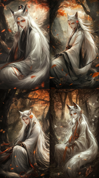 森林中、参天古树下，一只纯白色的狐狸，长着九条尾巴，眼睛为彩色，眉心有一花形印记，远景，神秘、东方玄幻色彩、8k高清、丁达尔光，