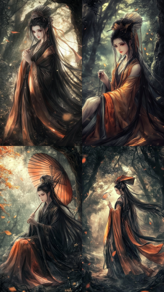 森林中、参天古树下，一个古装美女，盘头造型，彩衣飘飘，赤足、嫣然含笑，手撑纸伞，远景，神秘、东方玄幻色彩、8k高清、丁达尔光，