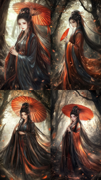 森林中、参天古树下，一个古装美女，盘头造型，身穿红蓝紫色彩衣，赤足、嫣然含笑，双手撑着红色油纸伞，远景，全身，神秘、东方玄幻色彩、8k高清、丁达尔光，