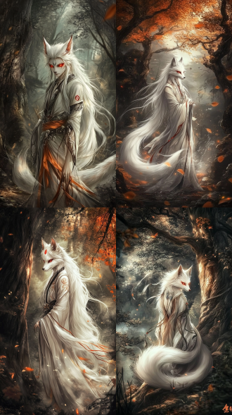 森林中、参天古树下，一只白狐站在古树下，白狐九只尾巴，身上散发着白气，眼睛是红色的，眉心有红色妖记，远景，全身，神秘、东方玄幻色彩、8k高清、丁达尔光，